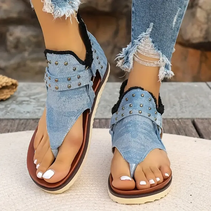 Women's Summer Thong Sandals, Casual Flat Sandals With Denim Straps And Studded Accents, Breathable Canvas Non-Slip Sole For Beach Wear