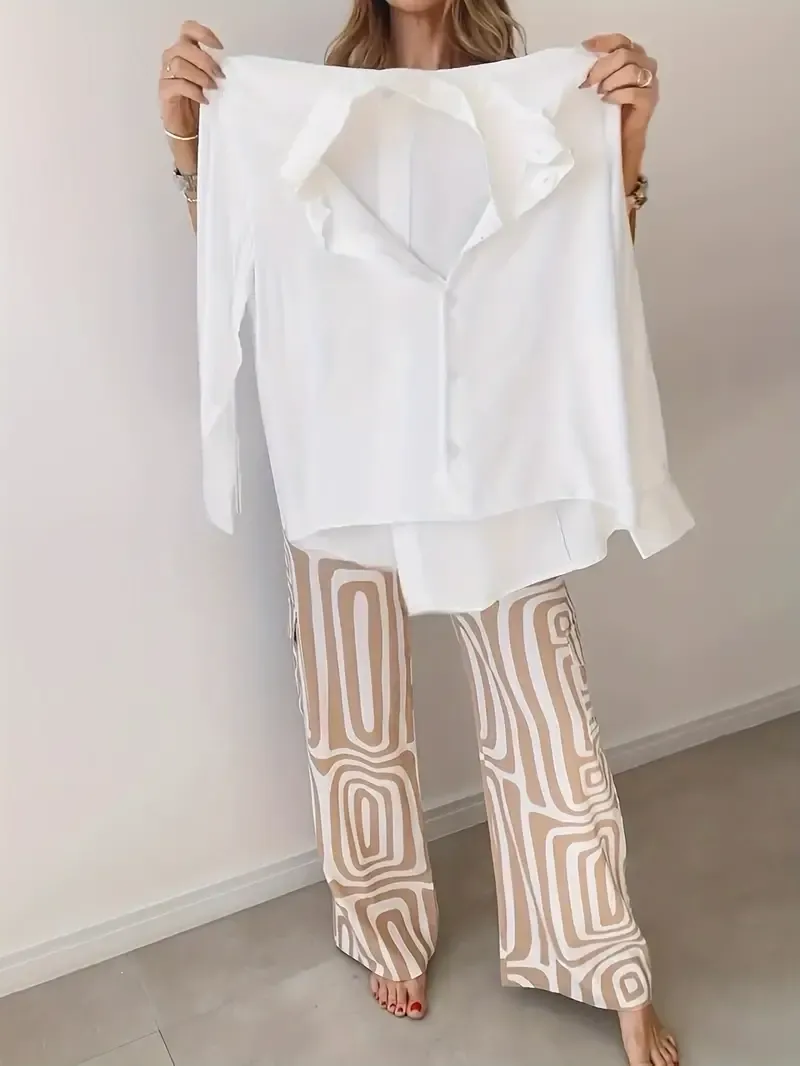 Long Sleeve Striped Print Pantsuits, Elastic Waist Color Block Pants & Button Front Shirt Outfits, Women's Clothing