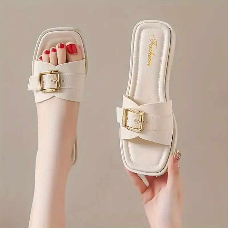Women's Buckle Strap Design Slide Sandals, Casual Square Open Toe Flat Summer Shoes, Lightweight Slide Sandals