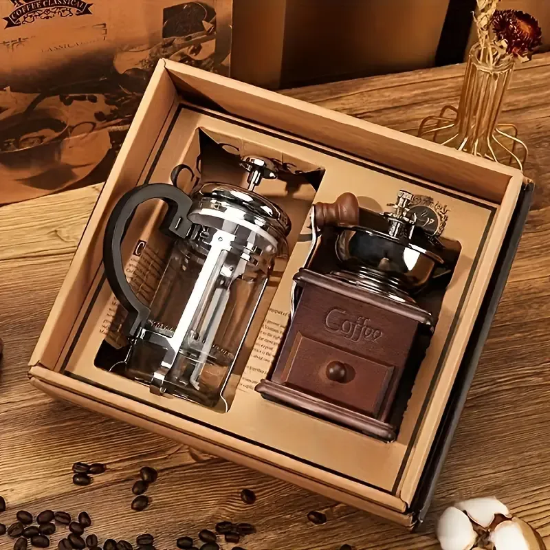 1Set Wooden Classic Vintage Mini Manual Bean Grinder Press Pot Set Kitchen Coffee Utensils Home Handheld Coffee Bean Grinder Gift Box Set Of Boutique Products