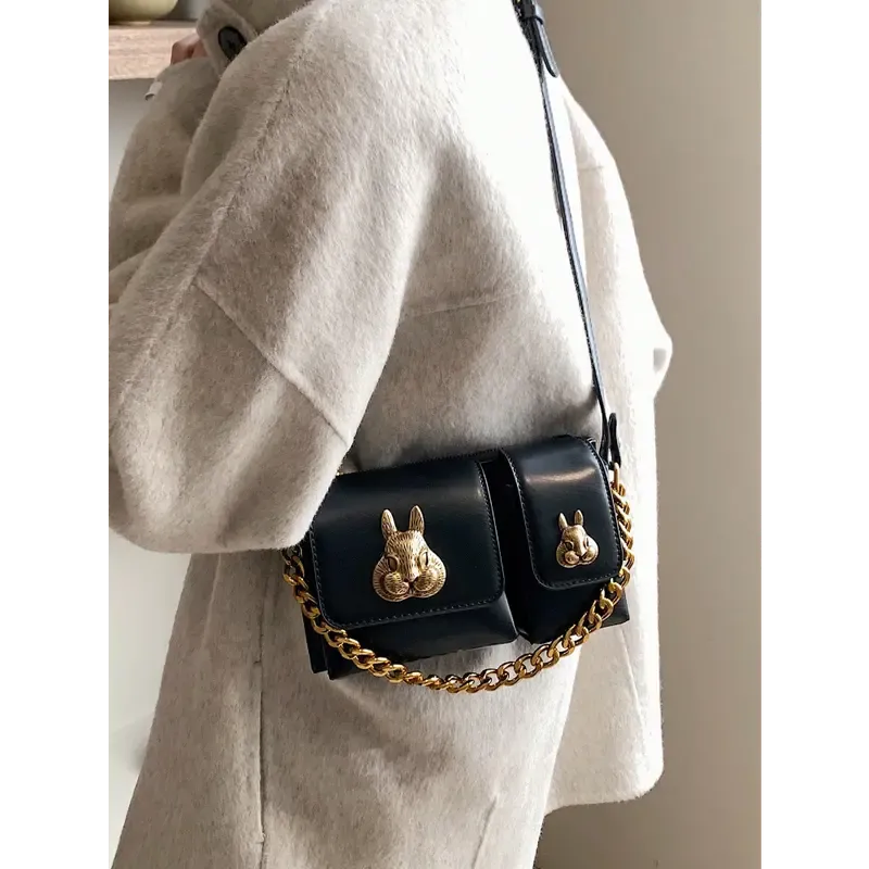 Retro Rabbit Head Decor Crossbody Bag, Trendy Chain Mini Handbag, Vintage Multi Pockets Shoulder Bag For Women