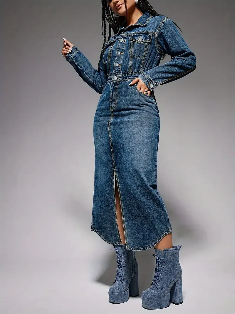 Women's Straight Fit Long Sleeve Denim Dress, Elegant Casual Slim Dress, Women's Clothing & Denim