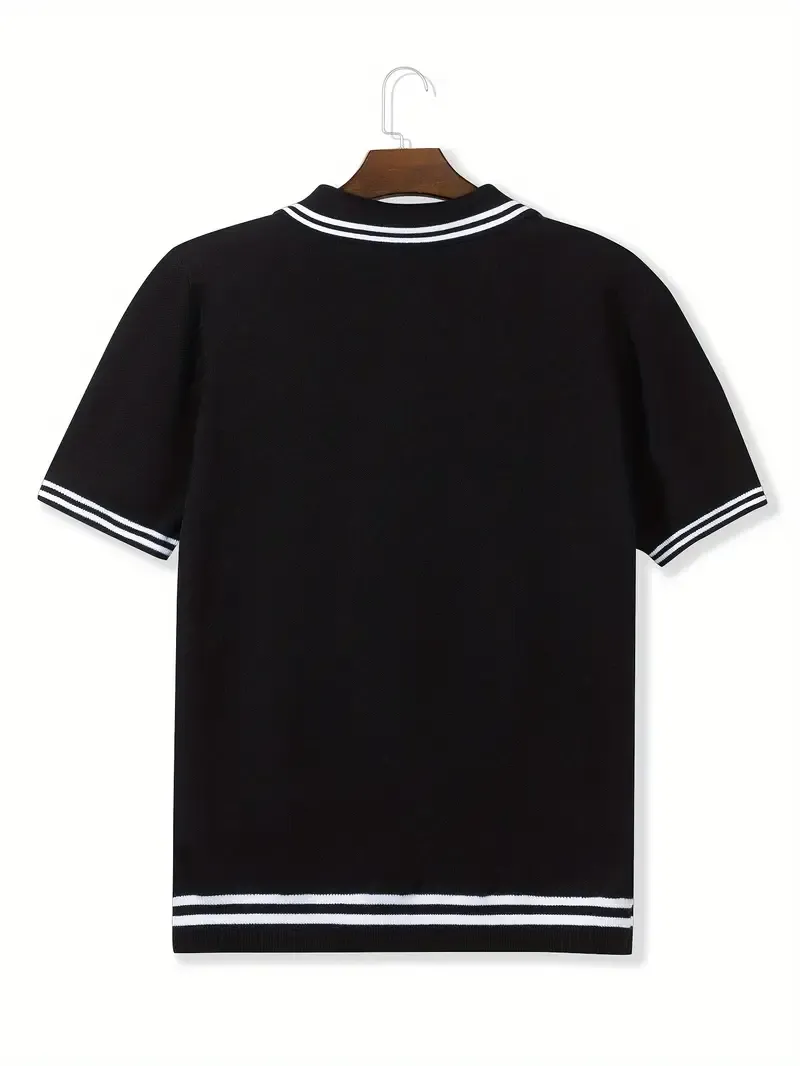 Men's Summer Short Sleeve Lapel Sweater T-shirt, Stripes Pattern Casual Trendy Clothes As Gift