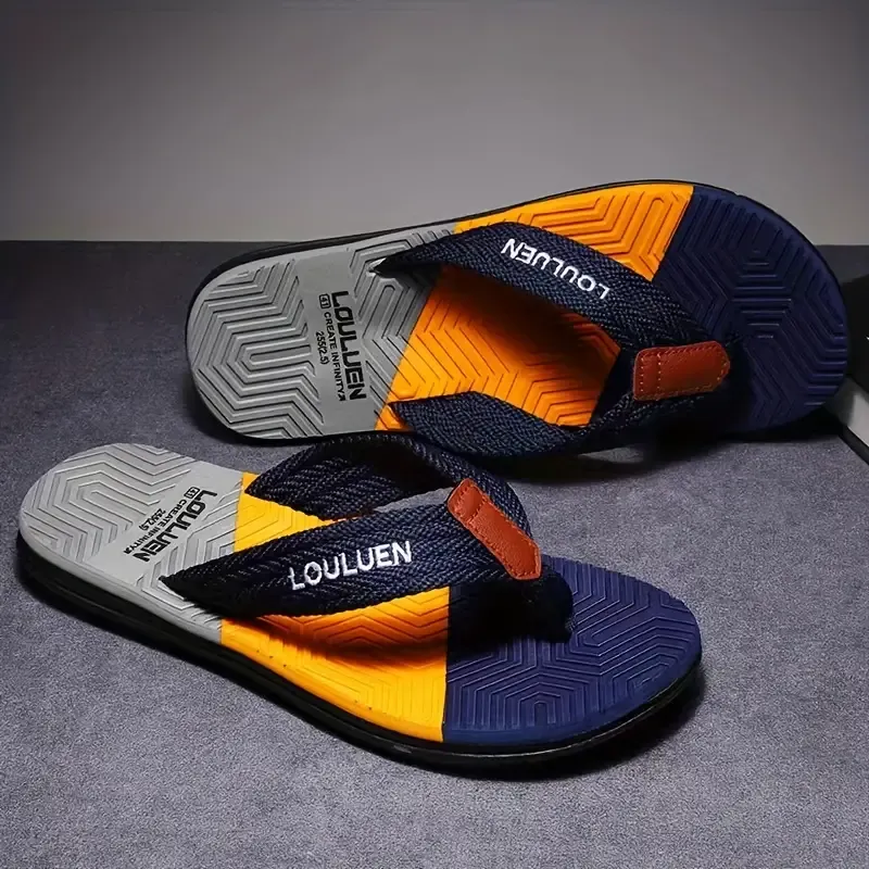 Men's Block Color Thong Sandals With Fabric Uppers, Casual Non Slip Flip-flops Sandals For Indoor Outdoor Walking, Beach Shoes For Spring And Summer