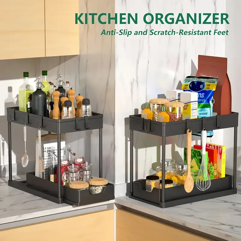 Sliding Under Sink Organizer With Hooks