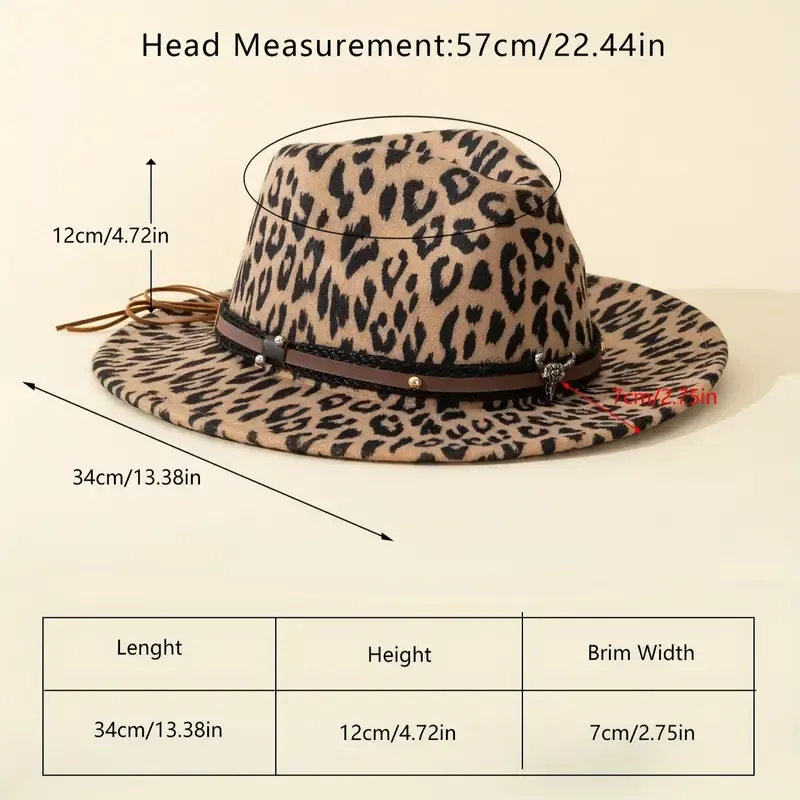 Unisex Leopard Print Hat With Detachable Bull Head Brown Faux Leather Rivet Detail, Vintage Fashion, Flat Brim Felt Hat, All-season Accessory, Ideal For Daily Outings, Outdoor Leisure, Sun Protection, Festive Gifts, Party Fashion