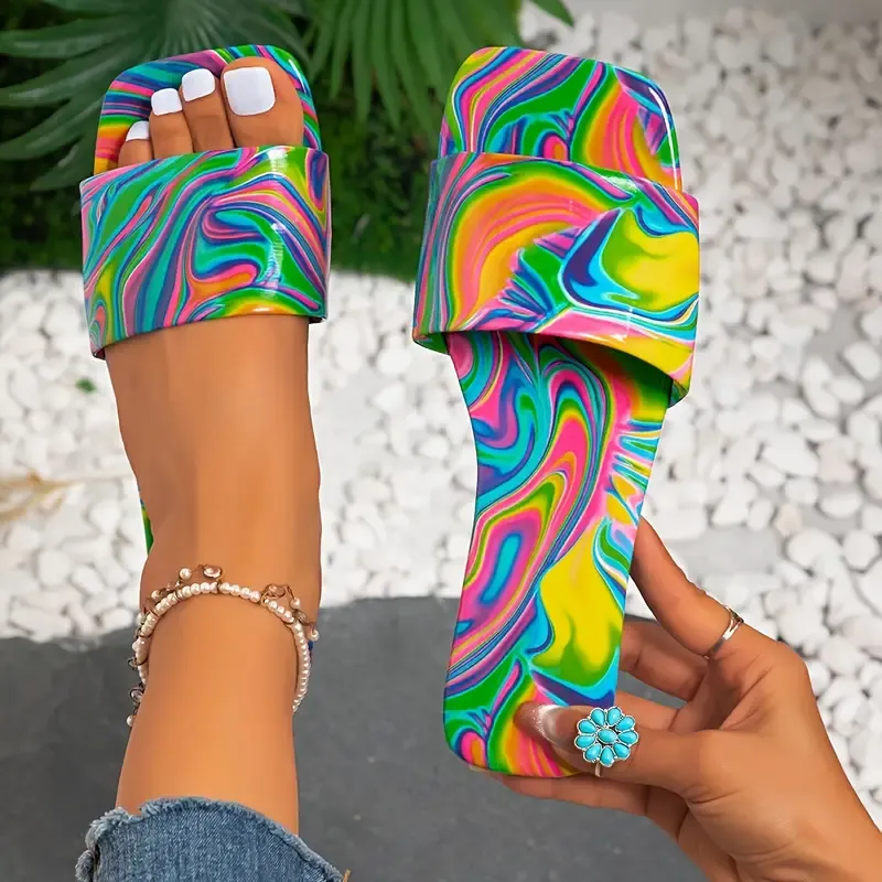 Women's Abstract Color Slide Sandals, Fashion Square Open Toe Flat Summer Shoes, Lightweight Slide Sandals