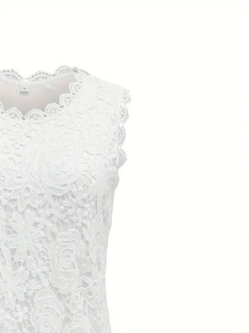 For  Summer, Elegant Floral Pattern Sleeveless Contrast Lace Crew Neck Tank Top, Women's Clothing with Solid Scallop Trim