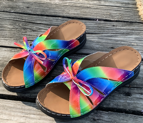 Rainbow Bow Wedge Sandals