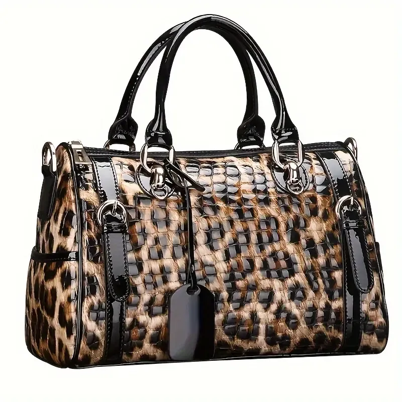 Luxury Genuine Faux Leather Women's Handbag - Spacious & Stylish with Adjustable Strap, Animal Print Design, Zip Closure