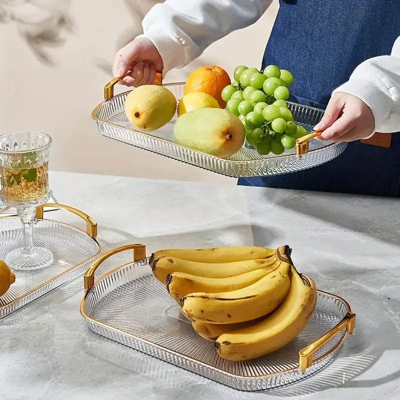 3pcs European Style Gold-Rimmed Acrylic Serving Tray, Rectangular Decorative Platter with Handles for Fruit, Tea, Desserts, and Jewelry Display