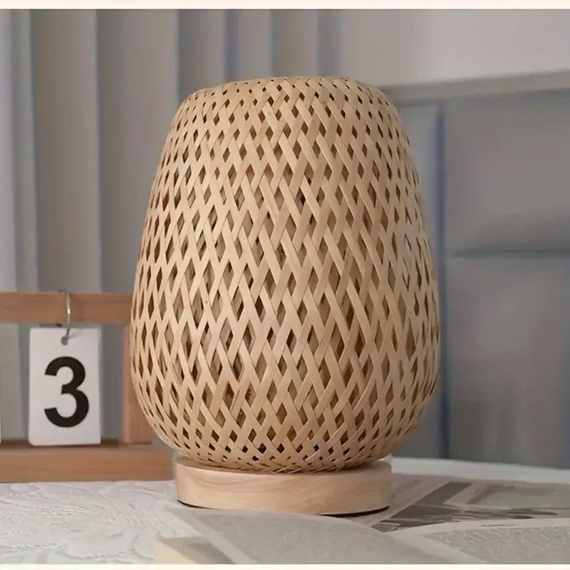 1pc Retro Japanese Style Desk Lamp, Bamboo Woven Desk Lamp, Creative Handmade Rattan, Bedroom, Dining Room, Bedside Desk Lamp, USDLED Desk Lamp, Wooden House Decoration Desk Lamp