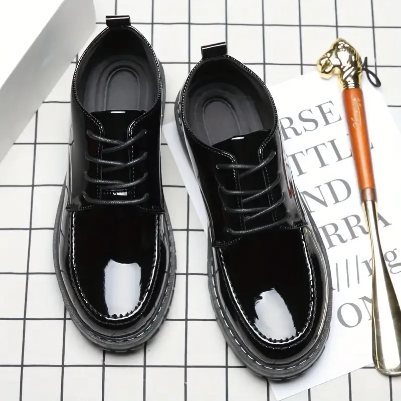 Men's Faux Patent Leather Business Style Formal Shoes, Comfy Nonslip Trendy Lace Up Dress Shoes, Men's Footwear