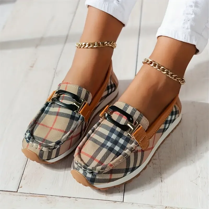 Women's Casual Slip-On Flats with Classic Metal Buckle, Striped Print, Fabric Upper & Lining, Lightweight Rubber Sole, Comfortable Non-Slip Summer Loafers