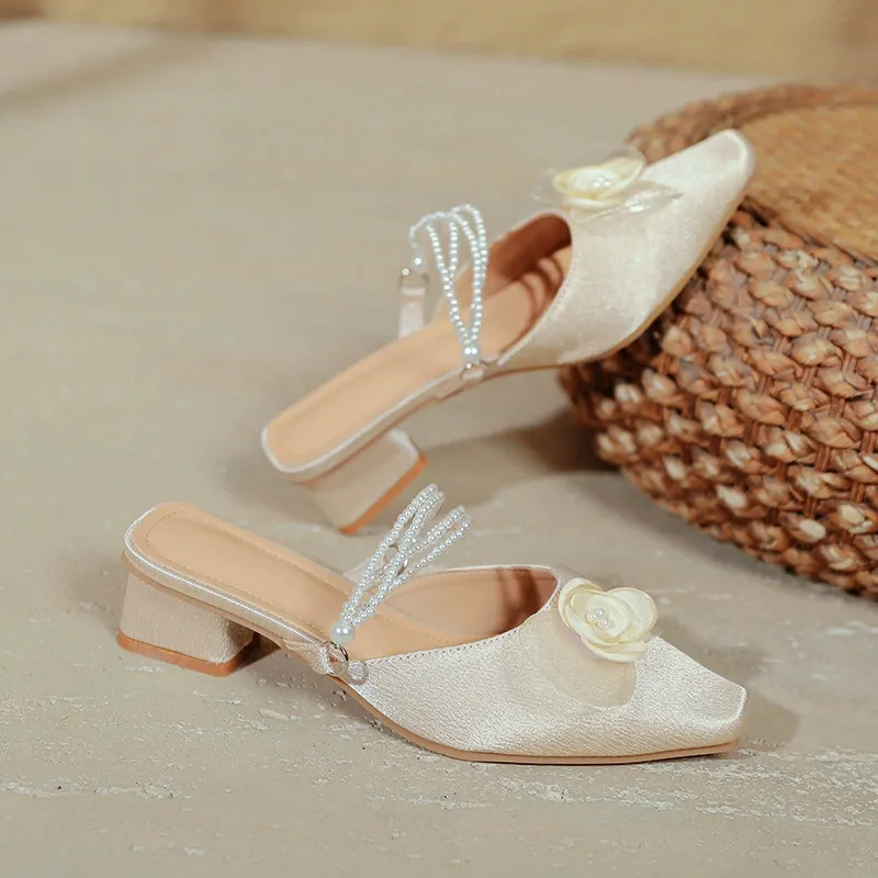 🔥2025 HOT SALE -50%🔥New Arrival Chunky Heel Mid-Height Women's Shoes Versatile Floral Silk Pumps French Mary Jane Square-Toe Flats for Women