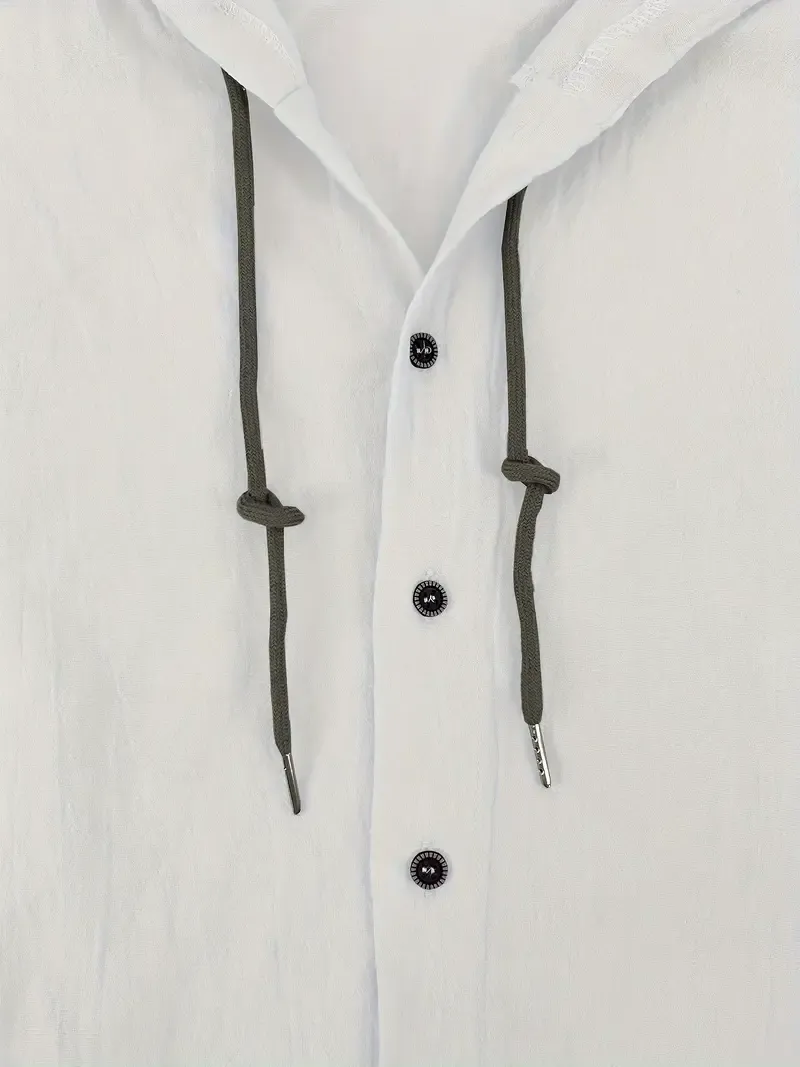 Chic Design Men's Solid Color Hooded Long Sleeve Button Up Coat Shirt, Casual And Trendy Pure Cotton Hoodie Jacket For Spring And Autumn Daily And Outdoors Leisurewear