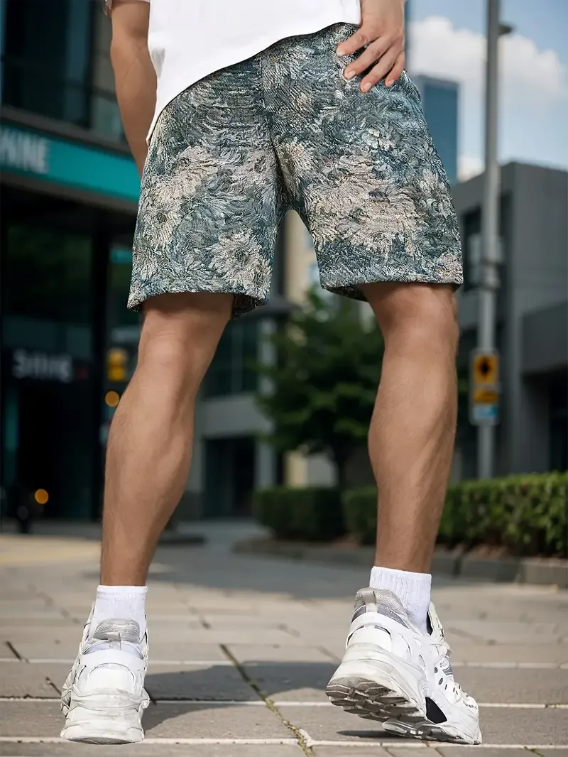 Men's Casual Loose Fit Denim Shorts, Floral Print Knee-Length With Drawstring