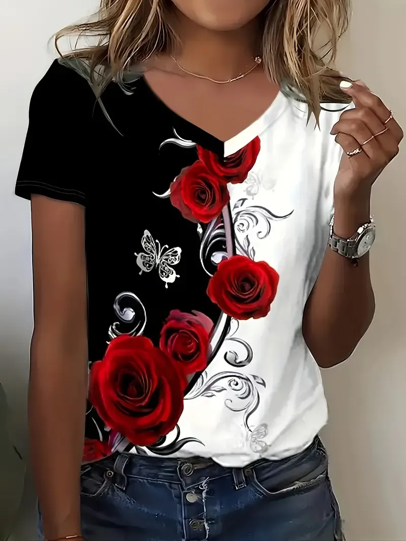 Vibrant Roses Print V-Neck Short Sleeve T-Shirt