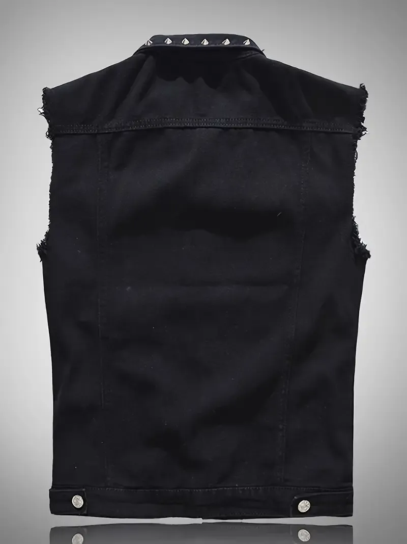 Men's Trendy Denim Vest with Rivet Accents - Casual Motorcycle Style, Cotton Blend, Non-Stretch Fabric, Sleeveless