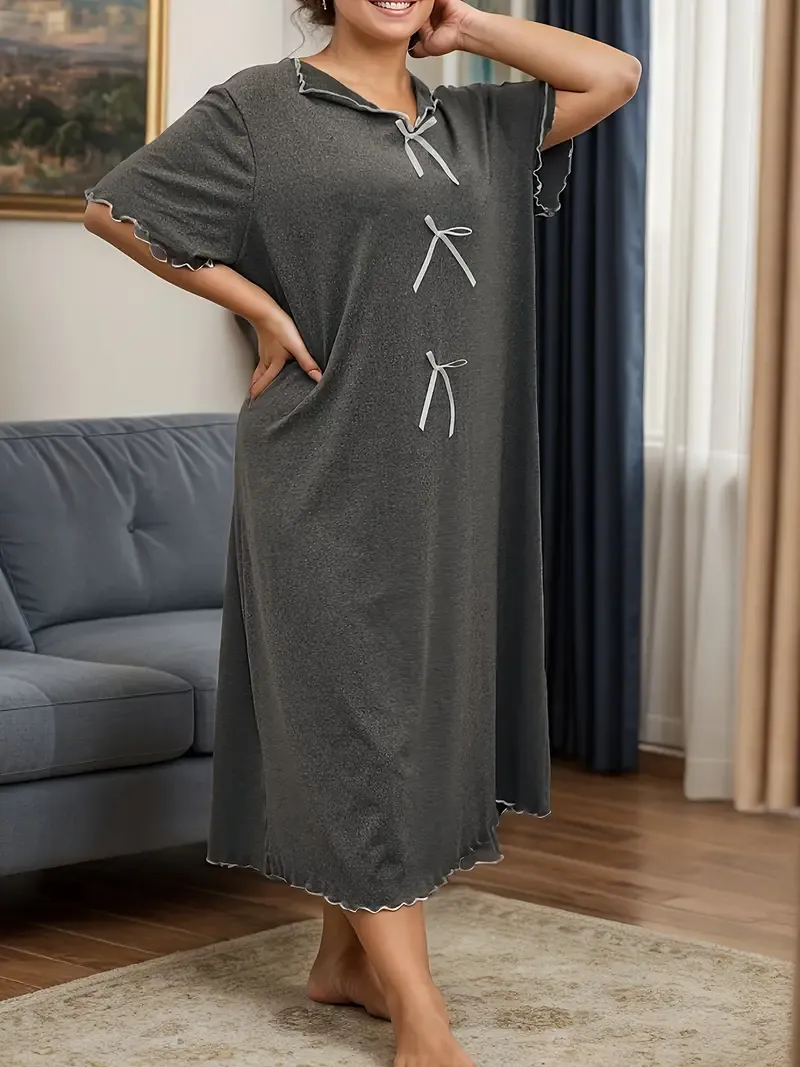 Women's Plus Casual Sleep Dress, Plus Size Bow Decor Short Sleeve V Neck Nightdress