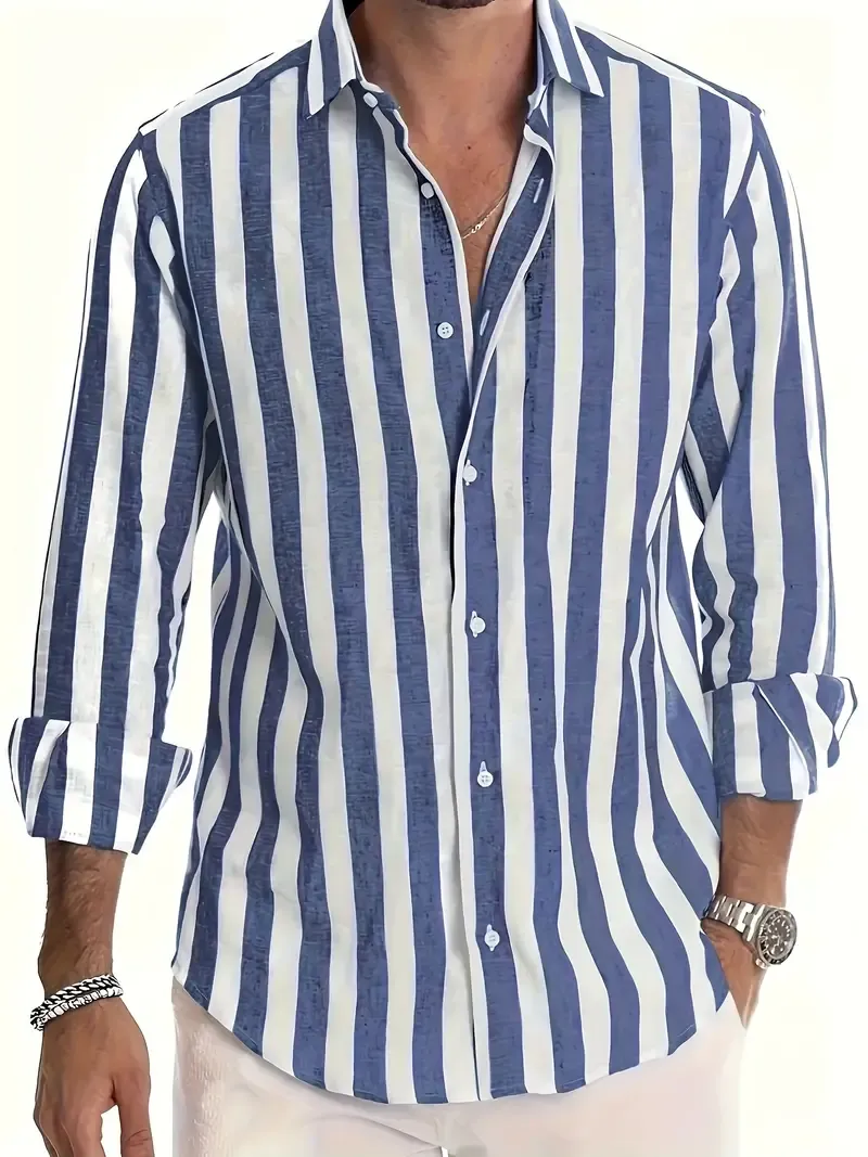 Men's Contrast Color Striped Long Sleeve Single-breasted Lapel Shirt, Spring And Autumn Fashion Cotton Linen Blend Top For Dating And Beach Holiday Wear, Top As Gift