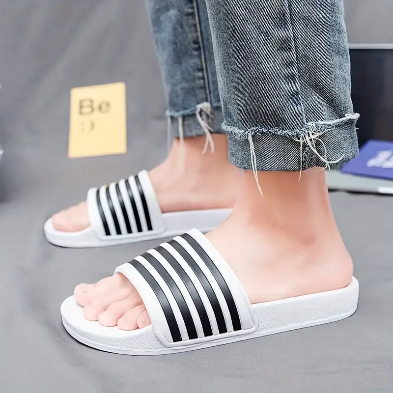 Men's Striped Open Toe Slippers, Lightweight Non-slip Quick-drying Slippers For Indoor Outdoor Walking