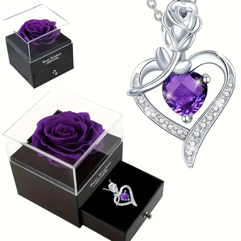 Rose Flower Gift Box Heart-Shaped Pendant Necklace