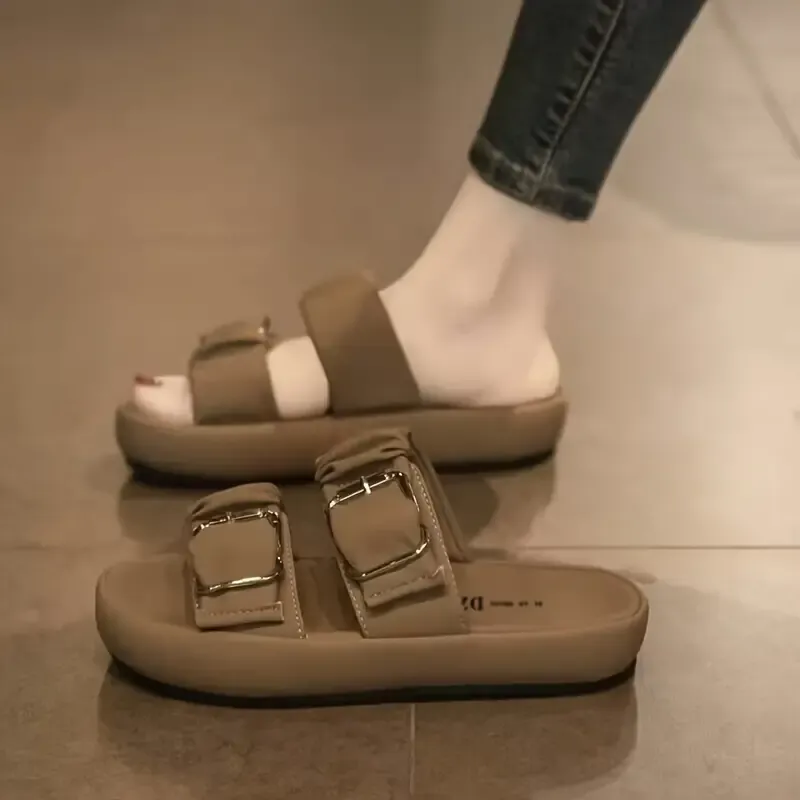 Women's Double Buckle Strap Design Slide Sandals, Casual Open Toe Summer Shoes, Comfortable Slip On Shoes