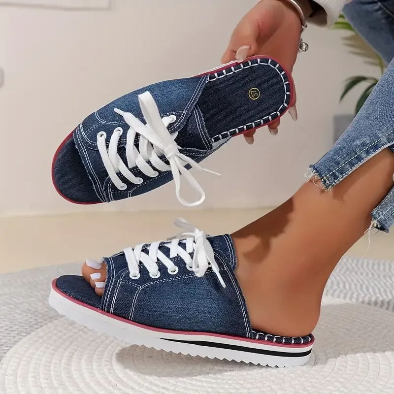 Women's Denim Slide Sandals, Casual Open Toe Summer Shoes, Women's Comfortable Lace Up Slide Sandals