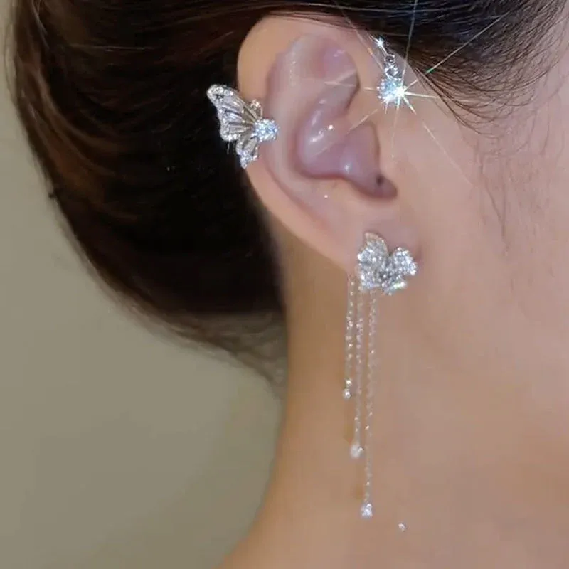 BUTTERFLY FLOWER TASSEL SHINY ZIRCON EARRINGS