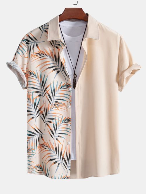 Men's Casual Leaf Print Button Up Short Sleeve Shirt For Summer