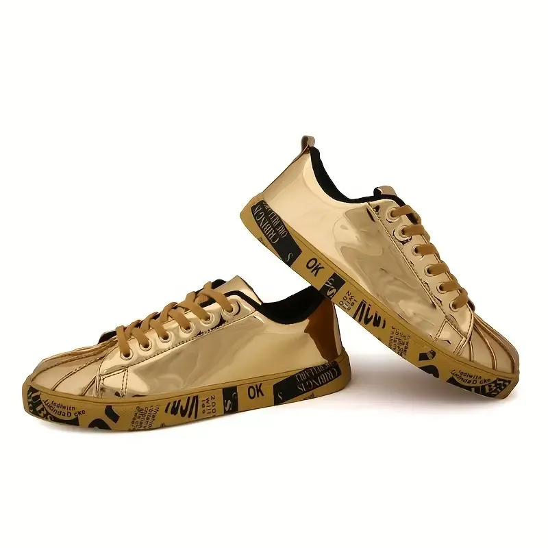 Unisex Metallic Golden Skateboarding Sneakers Low Top Lace-Up Casual Board Shoes with PU Upper and Sole, Fabric Interior – Trendy Streetwear Footwear for All