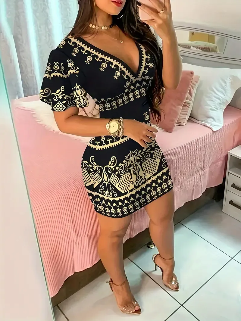 Trendy Graphic Print V Neck Dress