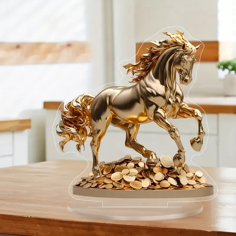 1pc, Golden Horse on Coins Acrylic Desk Stand, Festive Animal Figurine, Multi Purpose Family Gift Sign, Home and Office Bedroom Decor, With Base, for Valentine's, Easter, Christmas,  No Power Required, Clamp Attachment