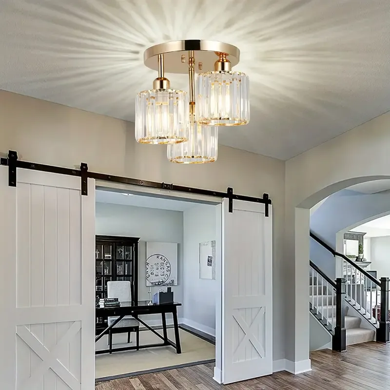 Modern Semi-Flush Mount Crystal Pendant Lights - Metal with Shade, Switch Control, Hard-Wired, E27 Base, Compatible with 110-240V for Kitchen, Bedroom, Hallway, Entryway, Dining Room