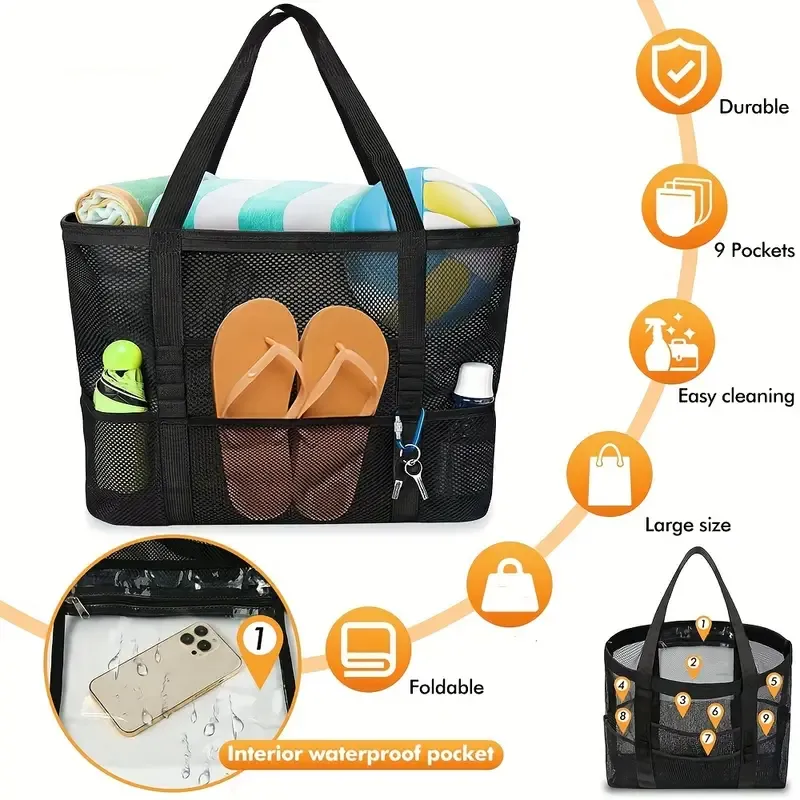 Extra-Large Mesh Beach Tote - Sandproof Swim Bag with Zipper & Pockets, Lightweight & Foldable for Pool, Boat, and Vacation Essentials