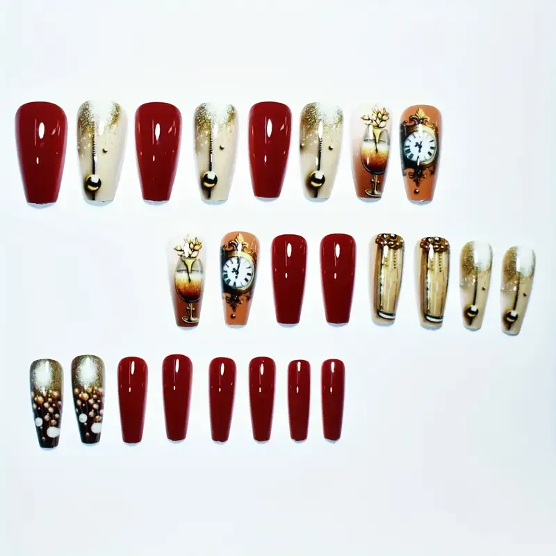 24-Piece Press-On Nail Set in Square Shape with Medium Length - Chic Cartoon-Inspired Design with Clock and Wine Glass Elements, Bouquet Motifs, and Pearl Accents on Nude & Red Gradient - Glossy Finish with Jelly Glue and Nail File Included