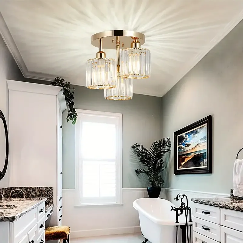Modern Semi-Flush Mount Crystal Pendant Lights - Metal with Shade, Switch Control, Hard-Wired, E27 Base, Compatible with 110-240V for Kitchen, Bedroom, Hallway, Entryway, Dining Room