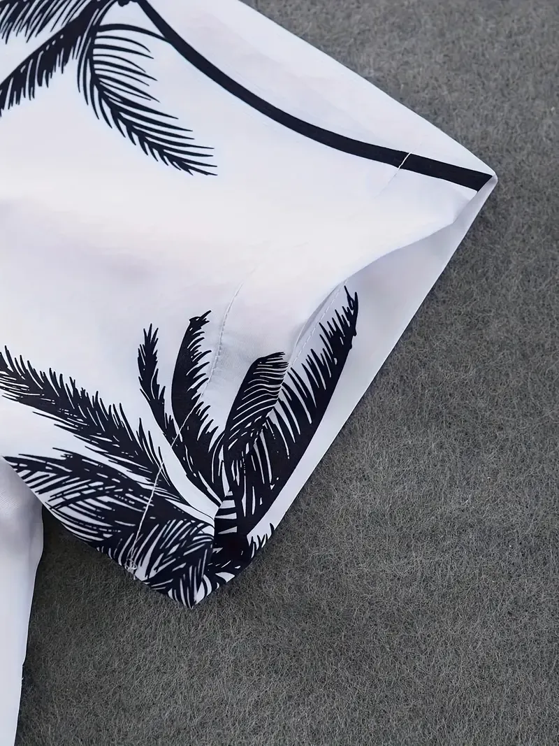 Men's 2-Piece Set, 3D Palm Tree Print, Summer Casual Short-Sleeve Collared Shirt & Drawstring Pocket Shorts