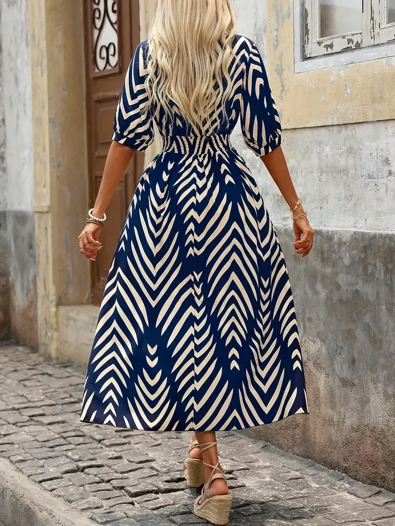 Chevron Print Surplice Neck A-line Dress, Vacation Short Sleeve Shirred Waist Midi Dress For Spring & Summer, Women's Clothing