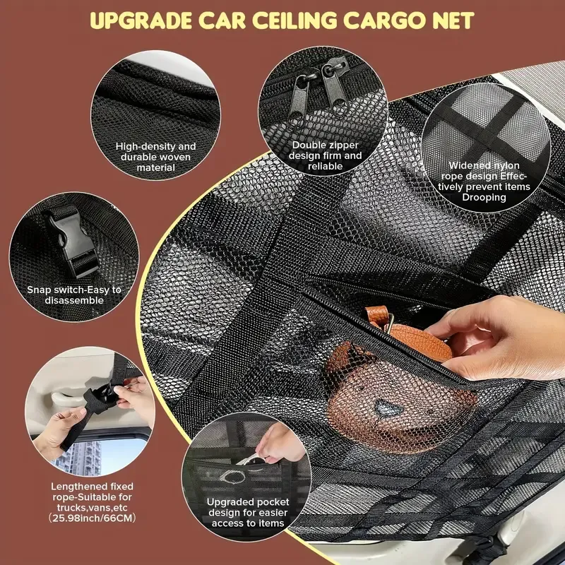 30 pcs Upgraded Version Car Ceiling Cargo Net, Storage Pocket Mesh Car Roof Storage Organizer For Truck SUV Travel Long Road Trip Camping, Car Interior Accessories