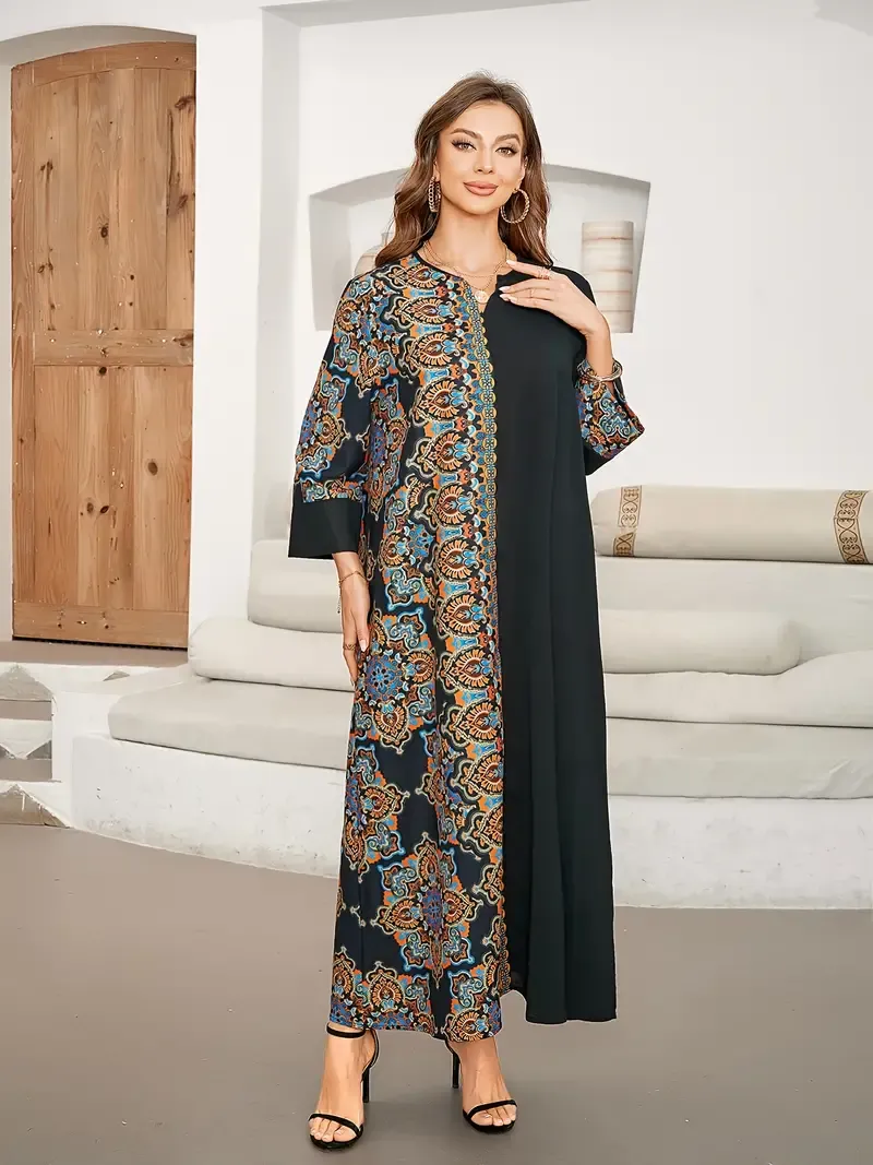 Ramadan Ethnic Print Color Block Kaftan, Elegant Notched Neck Maxi Length Dress, Women's Clothing