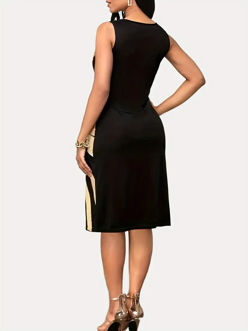 Graphic Print Crew Neck Tank Dress, Elegant Sleeveless Sheath Tank Dress For Spring & Summer, Women's Clothing