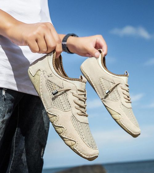 New style stitched genuine leather mesh men's shoes