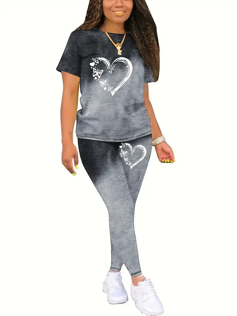 Casual Heart Print Two-piece, Crew Neck Short Sleeve T-shirt & Skinny Leggings Outfits, Women's Clothing