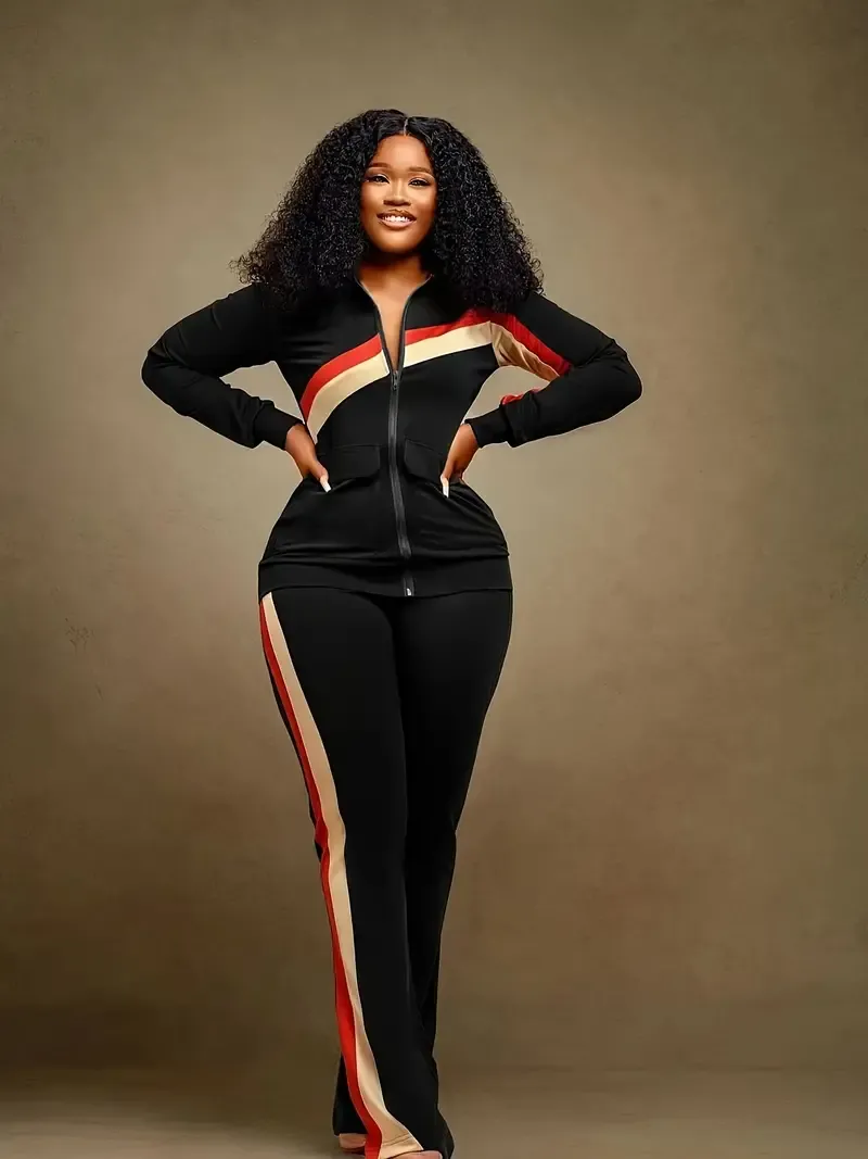 Striped Print Casual Pocket Pantsuit, Zipper Front Long Sleeve Top & Elastic Waist Slim Pants Outfit For Fall & Winter, Women's Clothing