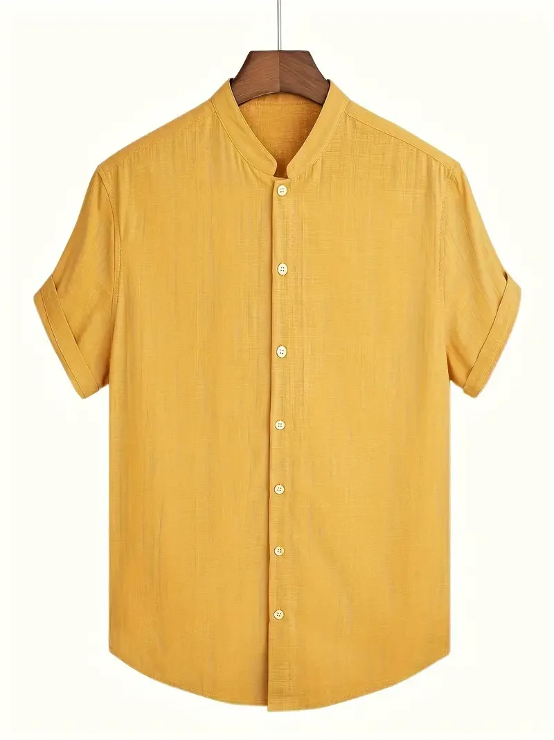 Plus Size Men's Solid Short Sleeve Shirt For Summer, Casual Trendy Band Collar Shirt For Males
