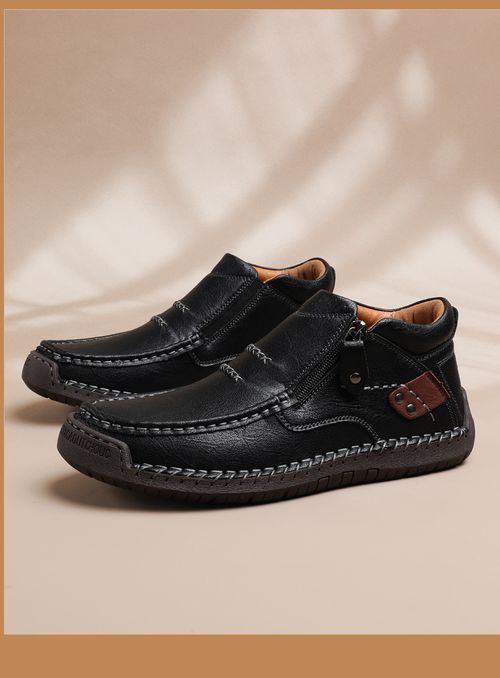 Flat-bottomed handmade leather shoes with high heels and large size