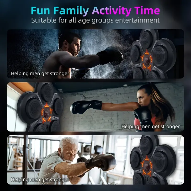 Smart Interactive Boxing Trainer Set, Wall-Mounted Punching Machine with USB Charging, Rhythm Lighting Effects, and Stereo Speakers, for Gym-Style Workouts, Punch-Free Installation, Adjustable Height, Includes Music Connectivity Feature, Suitable for Users Aged 14 and Up - Black