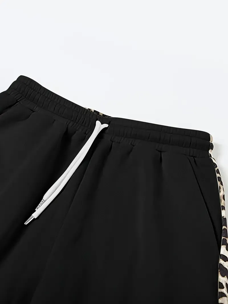 Women's Fleece-Lined Leopard Print Color Block Casual Pants - High Waist, Drawstring Wide Leg with Pockets